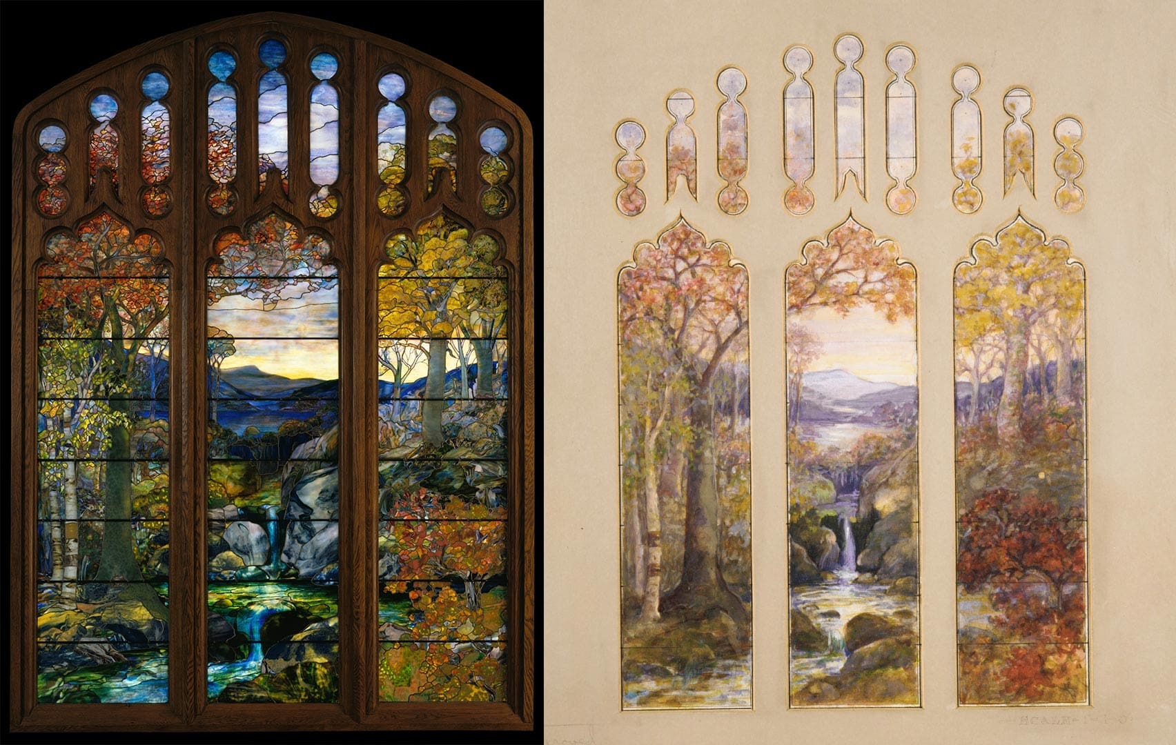 RIOT, NYC Creative Agency: Side-by-side of Tiffany’s “Autumn Landscape” stained glass window and the original watercolor design, attributed to Agnes Northrop. Combined image via Wikimedia Commons. Side-by-side of Tiffany’s “Autumn Landscape” stained glass window and the original watercolor design, attributed to Agnes Northrop. Combined image via Wikimedia Commons.