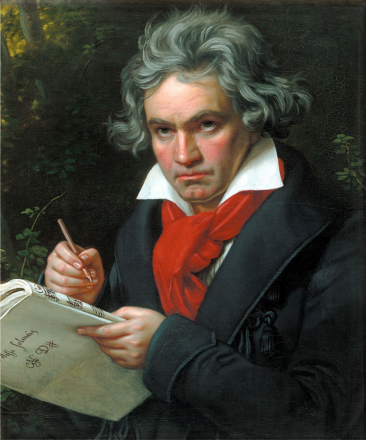 Portrait of Ludwig van Beethoven, painted by Joseph Karl Stieler in 1820, showing Beethoven holding a musical score and a pencil.