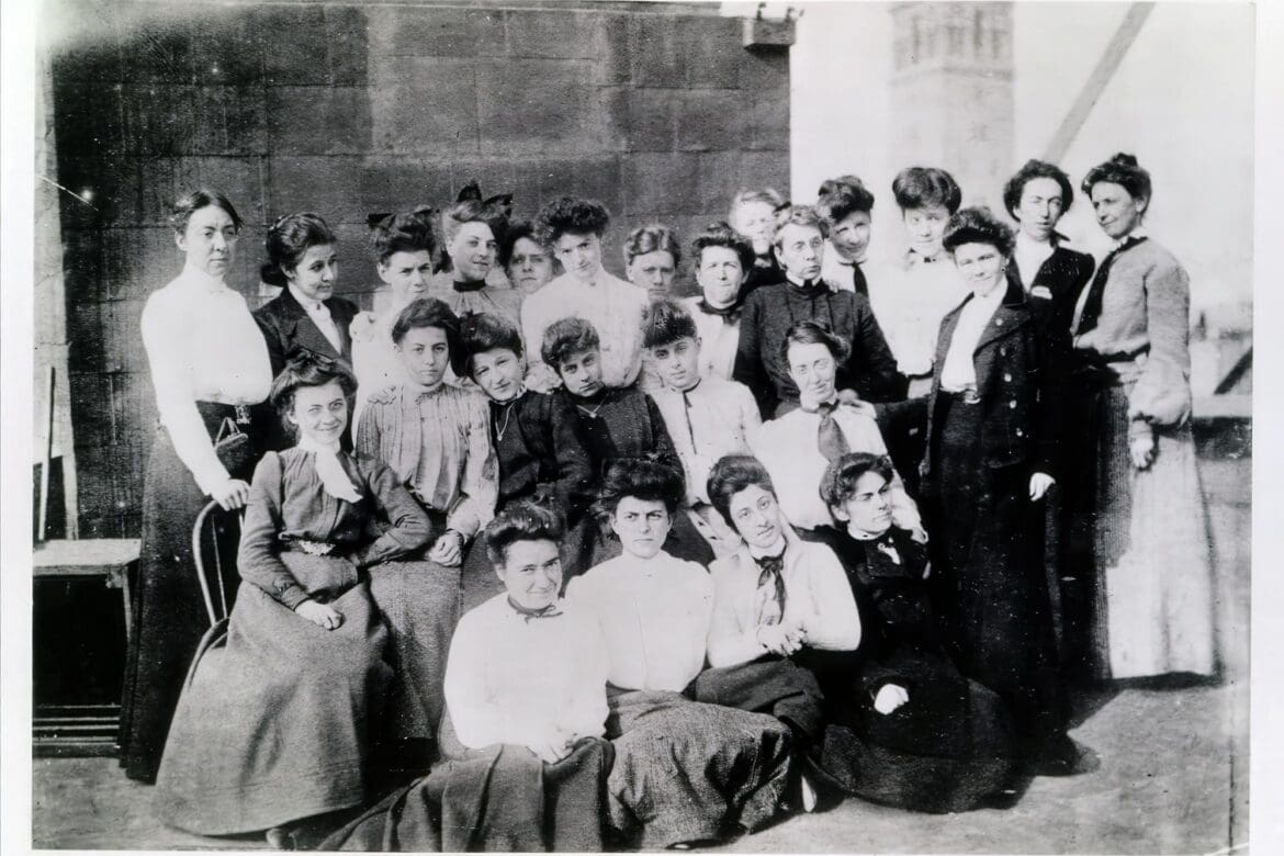 Historic group photo of Clara Driscoll with the “Tiffany Girls” on the roof of Tiffany Studios, circa 1904. Photo courtesy of The Charles Hosmer Morse Museum of Art.