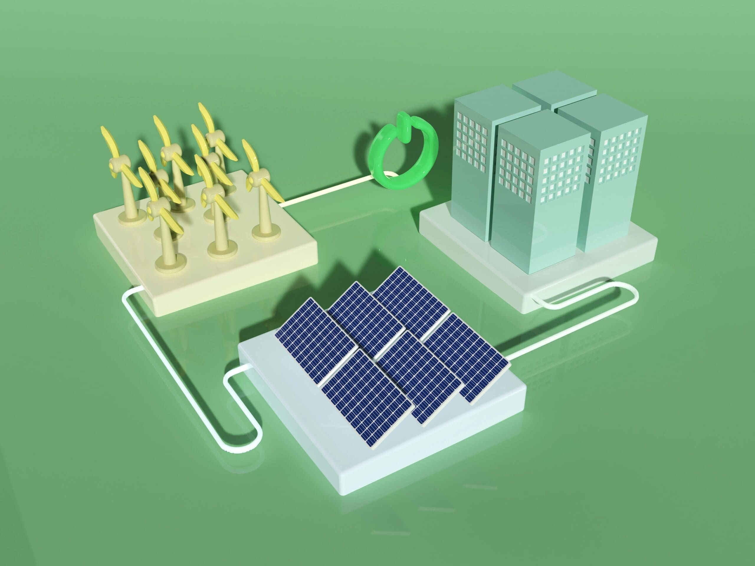 3D illustration of wind turbines, solar panels, and servers connected by clean energy flow