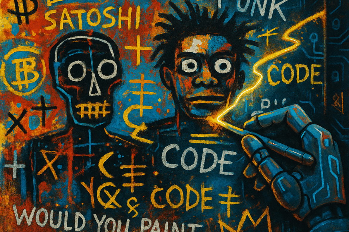 AI-generated painting in the style of Jean-Michel Basquiat, showing abstract figures, graffiti text like “SATOSHI,” “CODE,” and a robotic hand painting over the canvas, symbolizing technology altering original art.