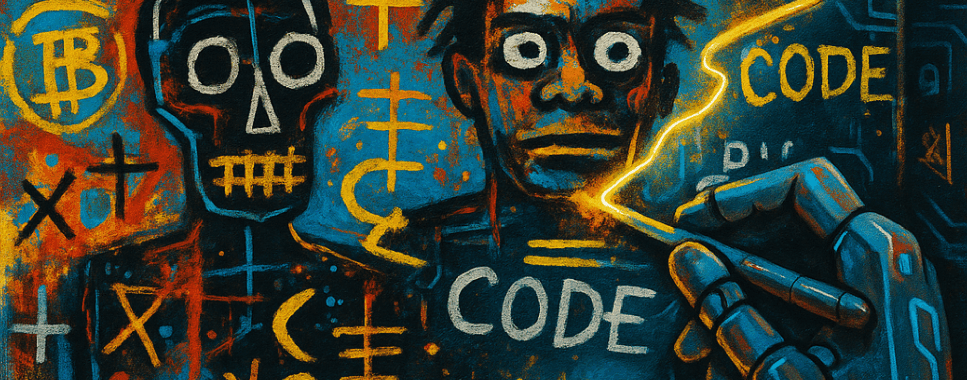 AI-generated painting in the style of Jean-Michel Basquiat, showing abstract figures, graffiti text like “SATOSHI,” “CODE,” and a robotic hand painting over the canvas, symbolizing technology altering original art.