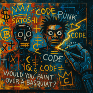 AI-generated painting in the style of Jean-Michel Basquiat, showing abstract figures, graffiti text like “SATOSHI,” “CODE,” and a robotic hand painting over the canvas, symbolizing technology altering original art.