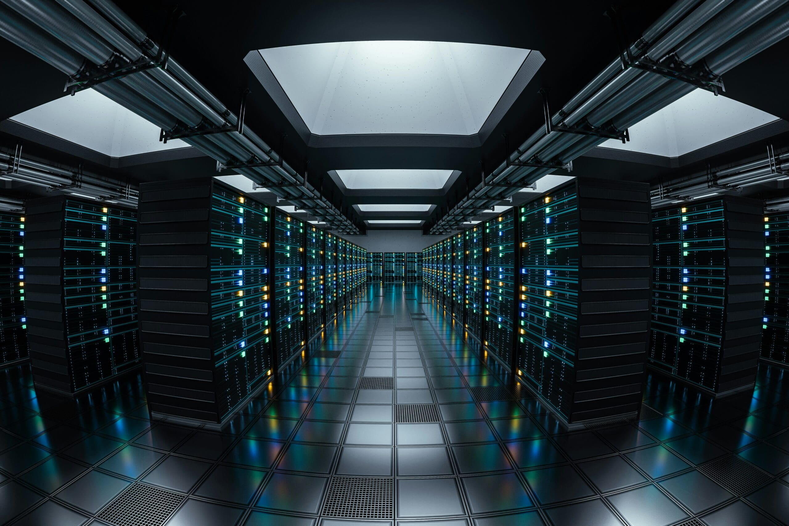 A sleek, high-tech data center hallway filled with glowing server racks