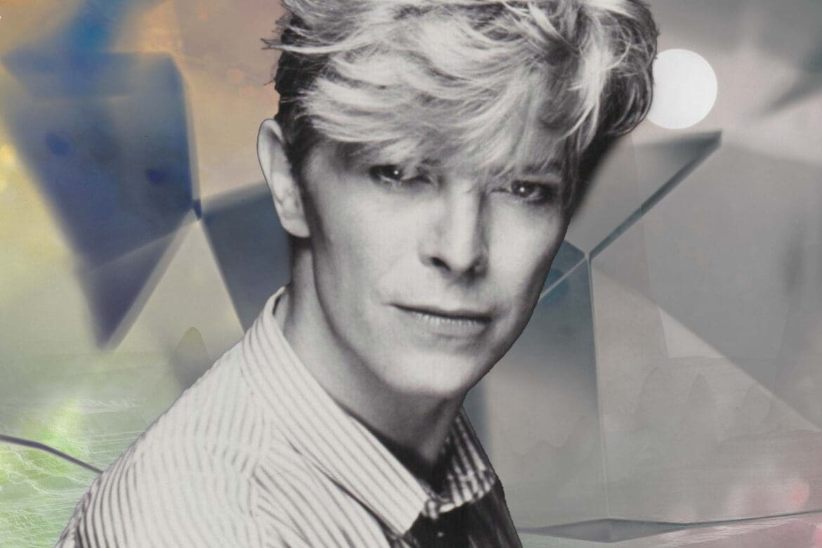 David Bowie Let’s Dance era-inspired abstract artwork by MUG5, blending geometric shapes with Bowie’s iconic image.