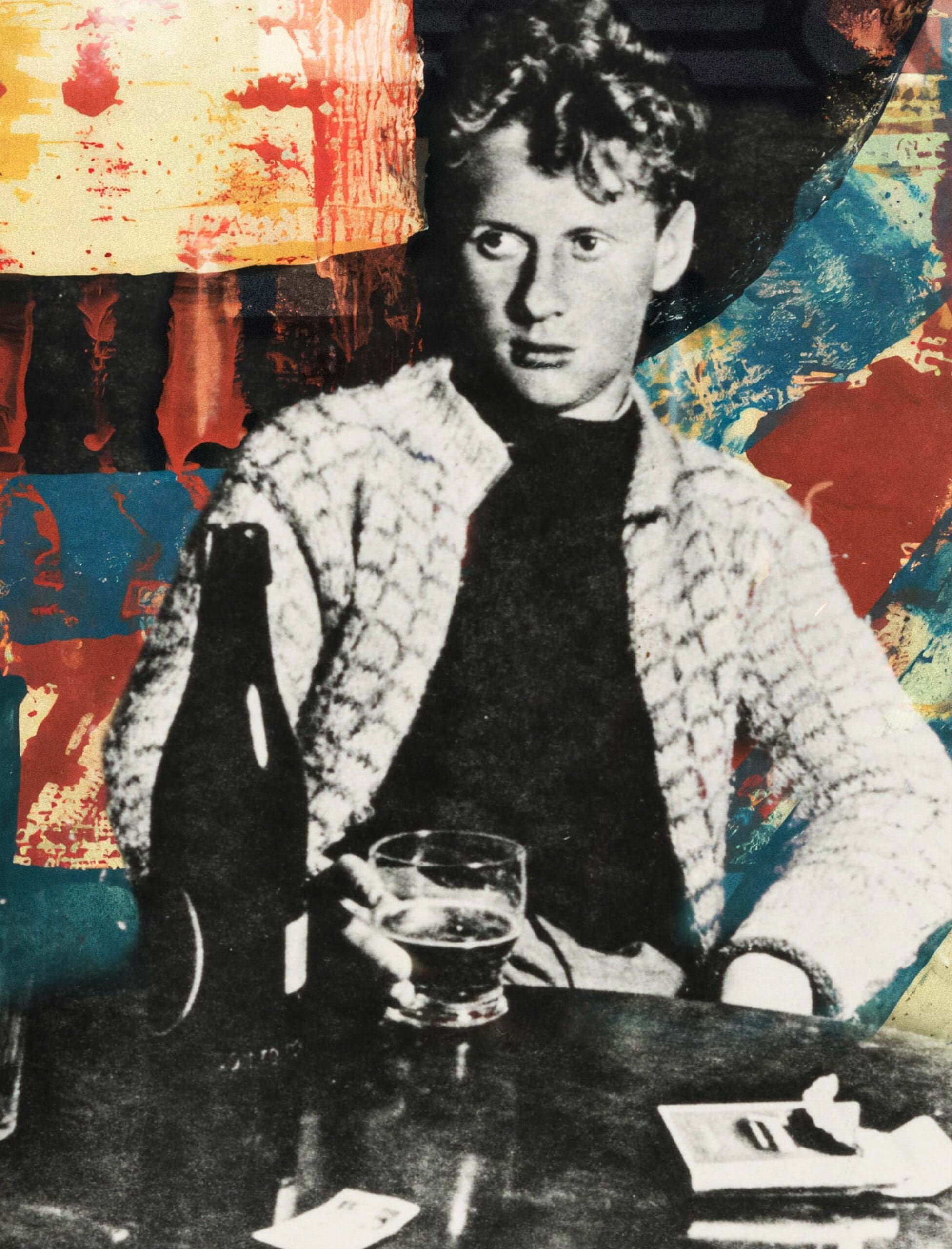 RIOT, NYC Creative Agency: Artwork of Dylan Thomas sitting in a Welsh pub with a pint of beer, adapted from a photo by Rosalie Thorne McKenna. Created by MUG5. Artwork of Dylan Thomas sitting in a Welsh pub with a pint of beer, adapted from a photo by Rosalie Thorne McKenna. Created by MUG5.