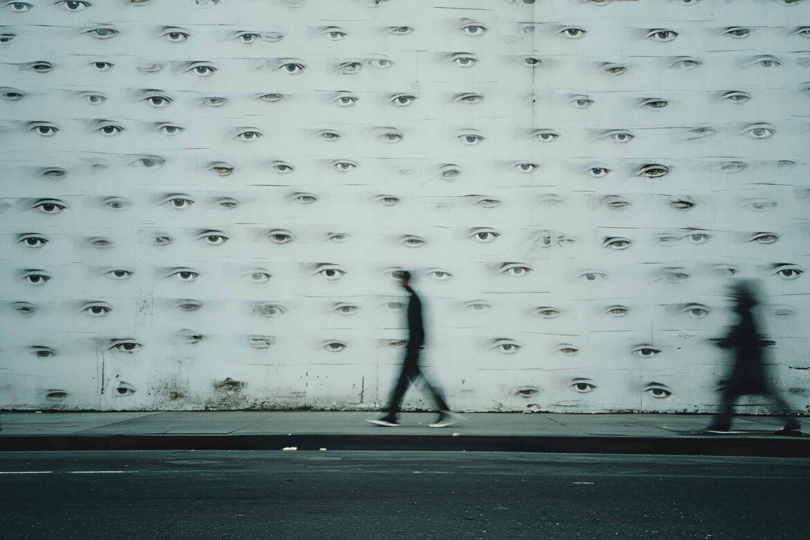 Conceptual photograph of a city wall covered with repeated human eyes while blurred pedestrians pass by, illustrating saturated advertising and the need for a standout creative agency.