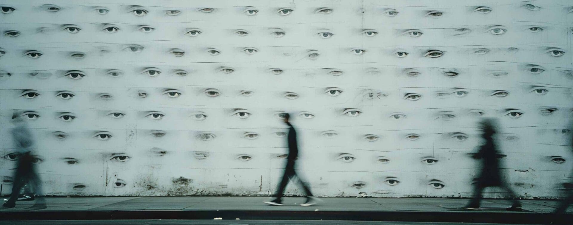 Conceptual photograph of a city wall covered with repeated human eyes while blurred pedestrians pass by, illustrating saturated advertising and the need for a standout creative agency.