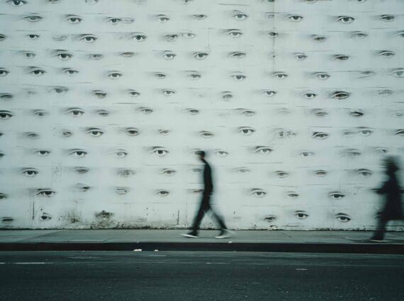 Conceptual photograph of a city wall covered with repeated human eyes while blurred pedestrians pass by, illustrating saturated advertising and the need for a standout creative agency.