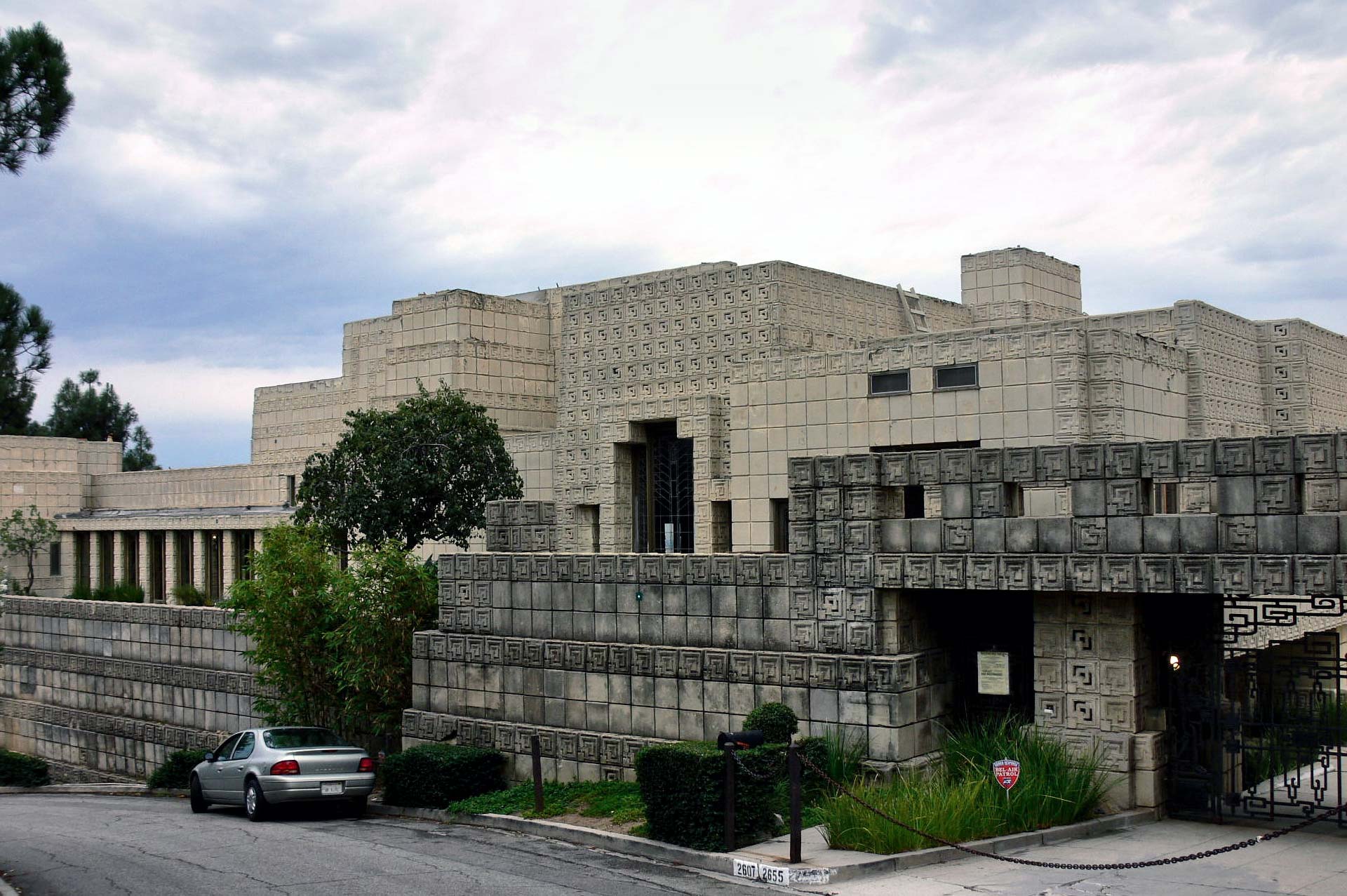 The Ennis House, designed by Frank Lloyd Wright, showcasing its distinctive concrete block construction and Mayan Revival style.