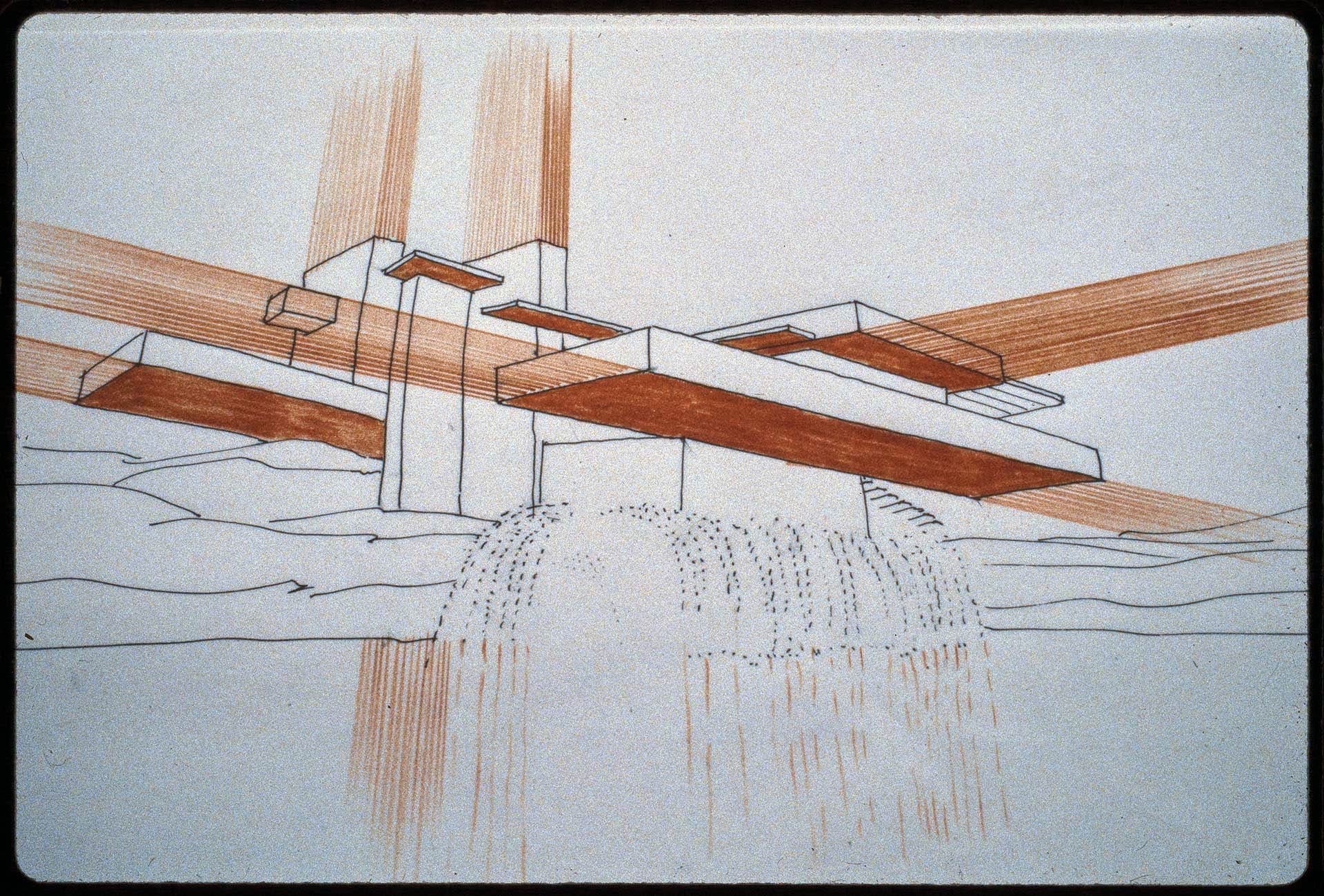 RIOT, NYC Creative Agency: A second architectural drawing of Fallingwater by Frank Lloyd Wright, showing the house over a waterfall with cantilevered terraces and red shading details. A second architectural drawing of Fallingwater by Frank Lloyd Wright, showing the house over a waterfall with cantilevered terraces and red shading details.