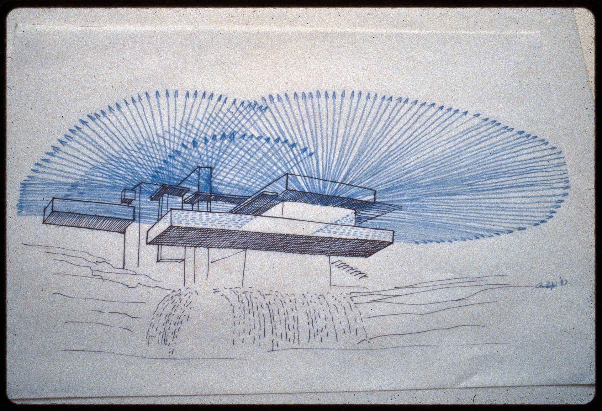 RIOT, NYC Creative Agency: An architectural drawing of Fallingwater by Frank Lloyd Wright, showing the structure suspended over a waterfall, with radial design patterns extending behind it. An architectural drawing of Fallingwater by Frank Lloyd Wright, showing the structure suspended over a waterfall, with radial design patterns extending behind it.