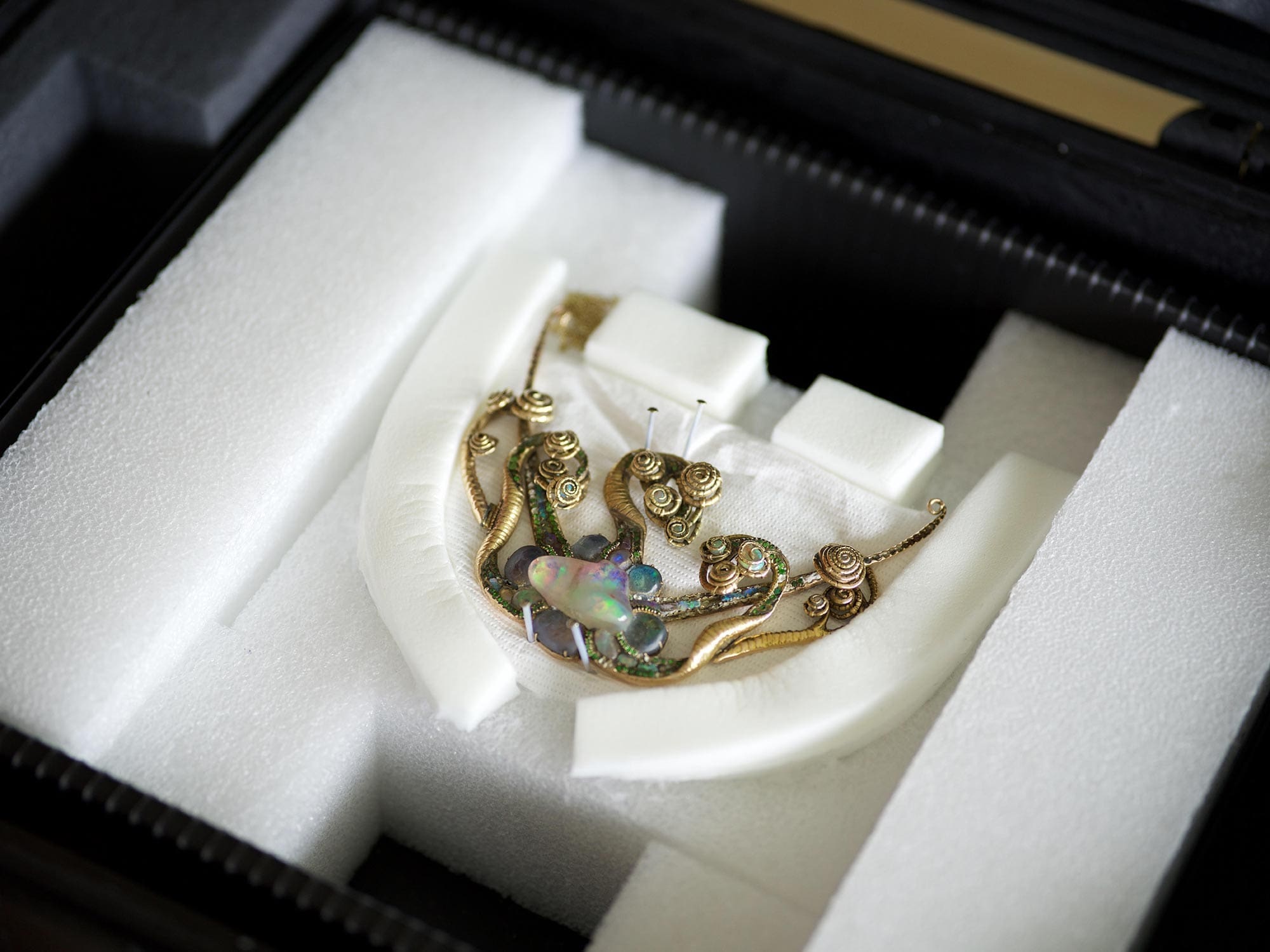 The Medusa pendant, freshly acquired by Tiffany & Co., carefully cradled in protective foam. First image captured after its historic return. Photo by Adrian Nina.