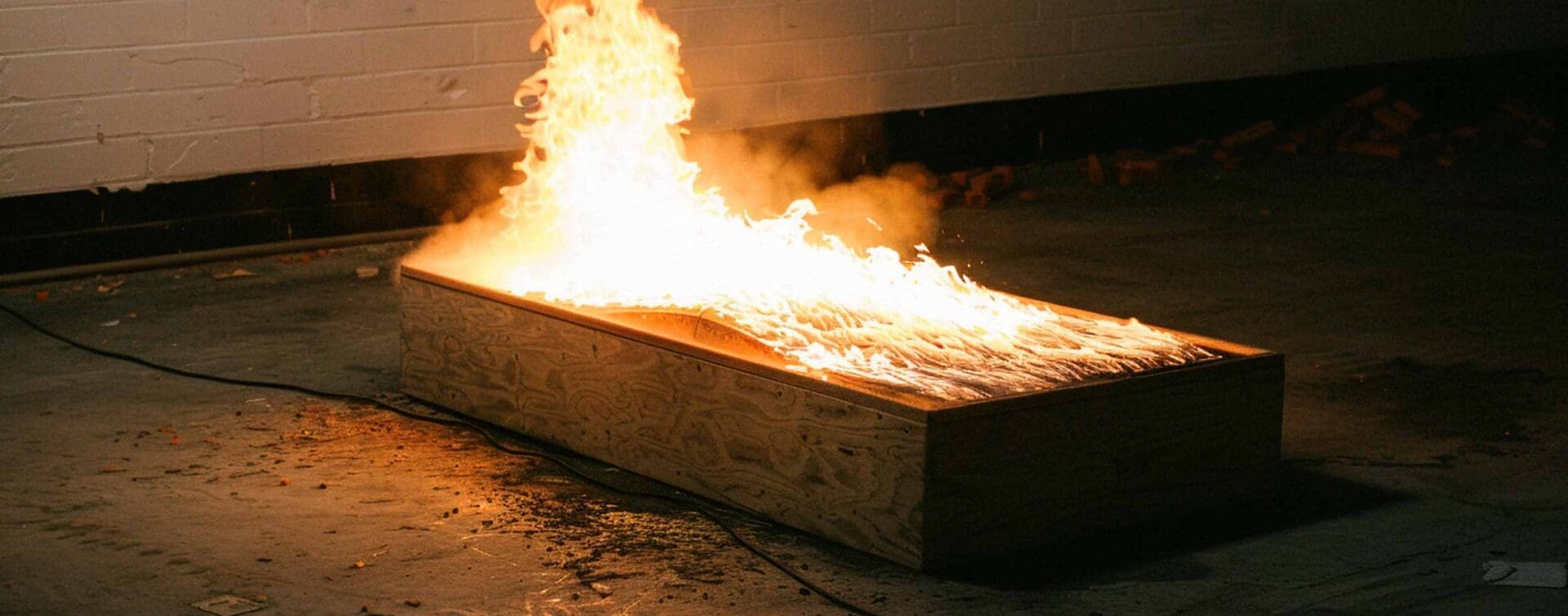 Funeral for a Creative Idea A wooden box engulfed in flames in a dimly lit room — symbolizing the destruction and rebirth of creativity.