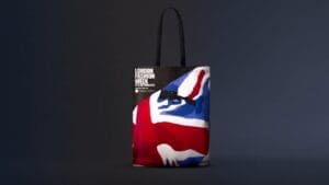 RIOT, NYC Creative Agency: Gareth Pugh's custom-designed tote bag featuring a Union Jack-inspired design, created for Sunglass Hut's sponsorship of London Fashion Week 2015. Gareth Pugh's custom-designed tote bag featuring a Union Jack-inspired design, created for Sunglass Hut's sponsorship of London Fashion Week 2015.