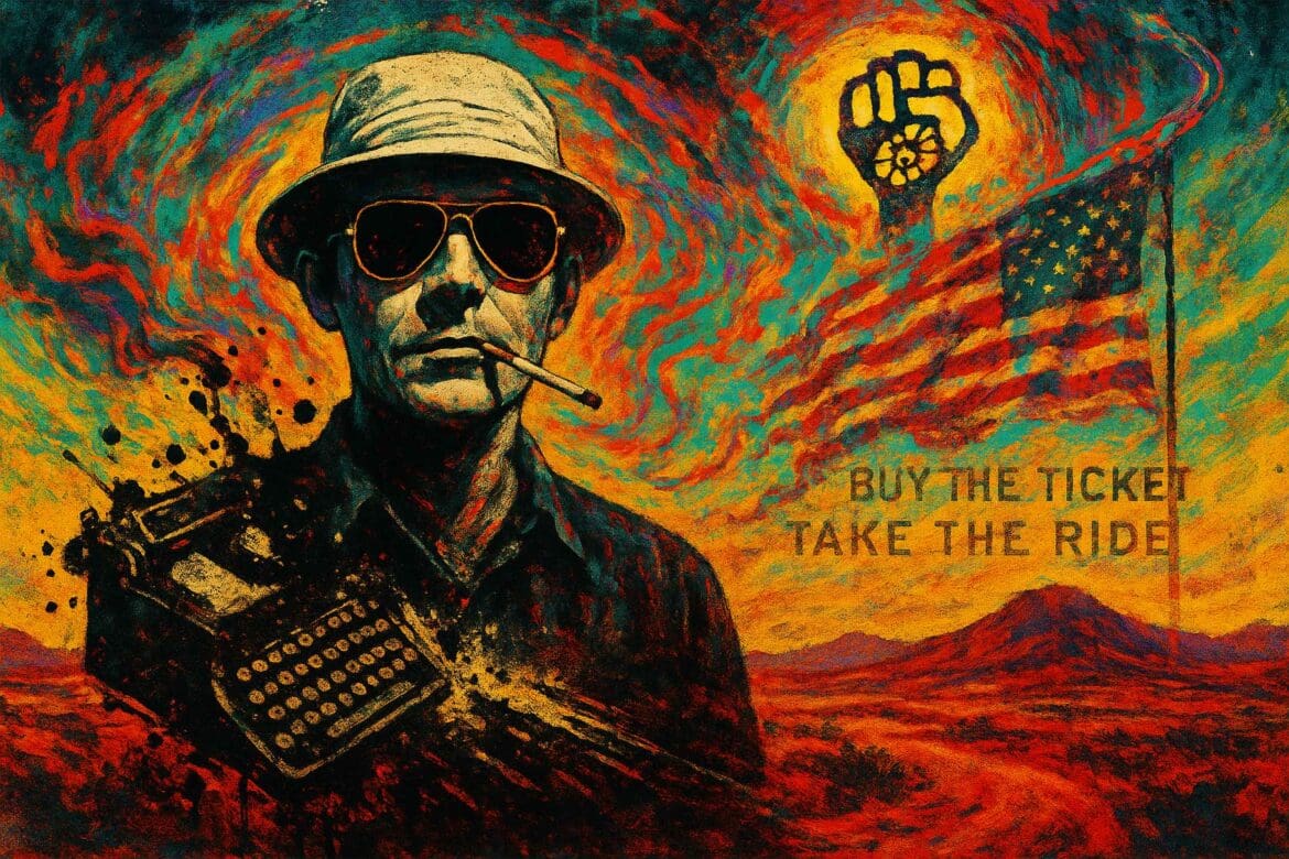 Portrait of Hunter S. Thompson in a surreal desert, exploding typewriter, Gonzo fist, and “Buy the Ticket, Take the Ride” text