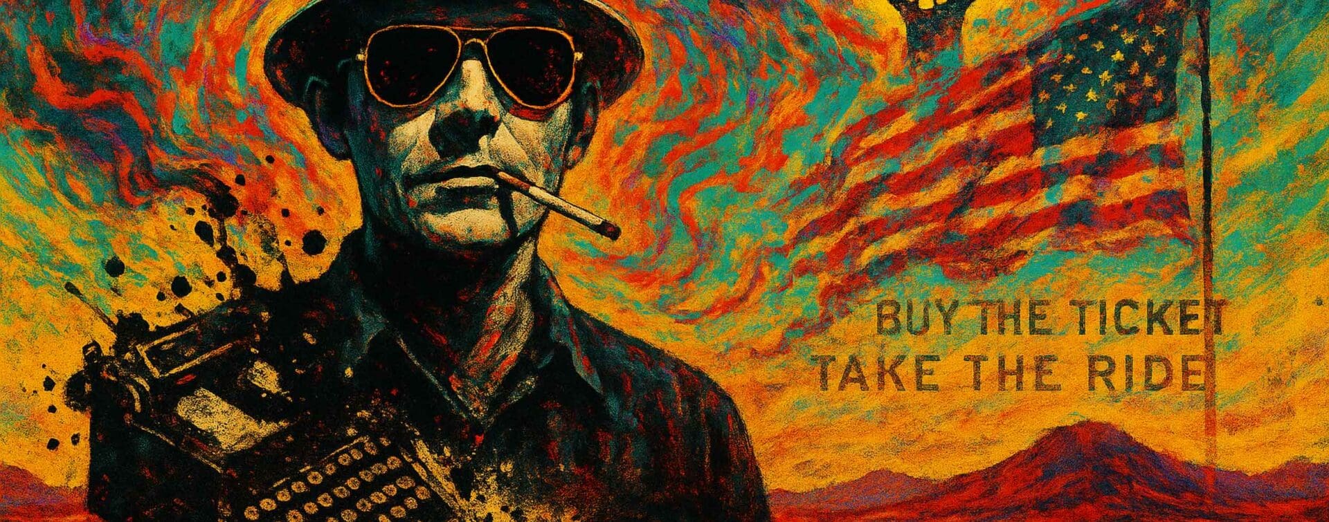 Portrait of Hunter S. Thompson in a surreal desert, exploding typewriter, Gonzo fist, and “Buy the Ticket, Take the Ride” text