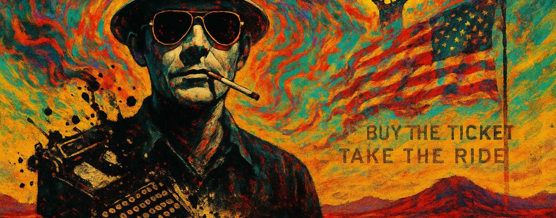 Hunter S. Thompson — Gonzo in the Desert (RIOT Hero Image) Portrait of Hunter S. Thompson in a surreal desert, exploding typewriter, Gonzo fist, and “Buy the Ticket, Take the Ride” text