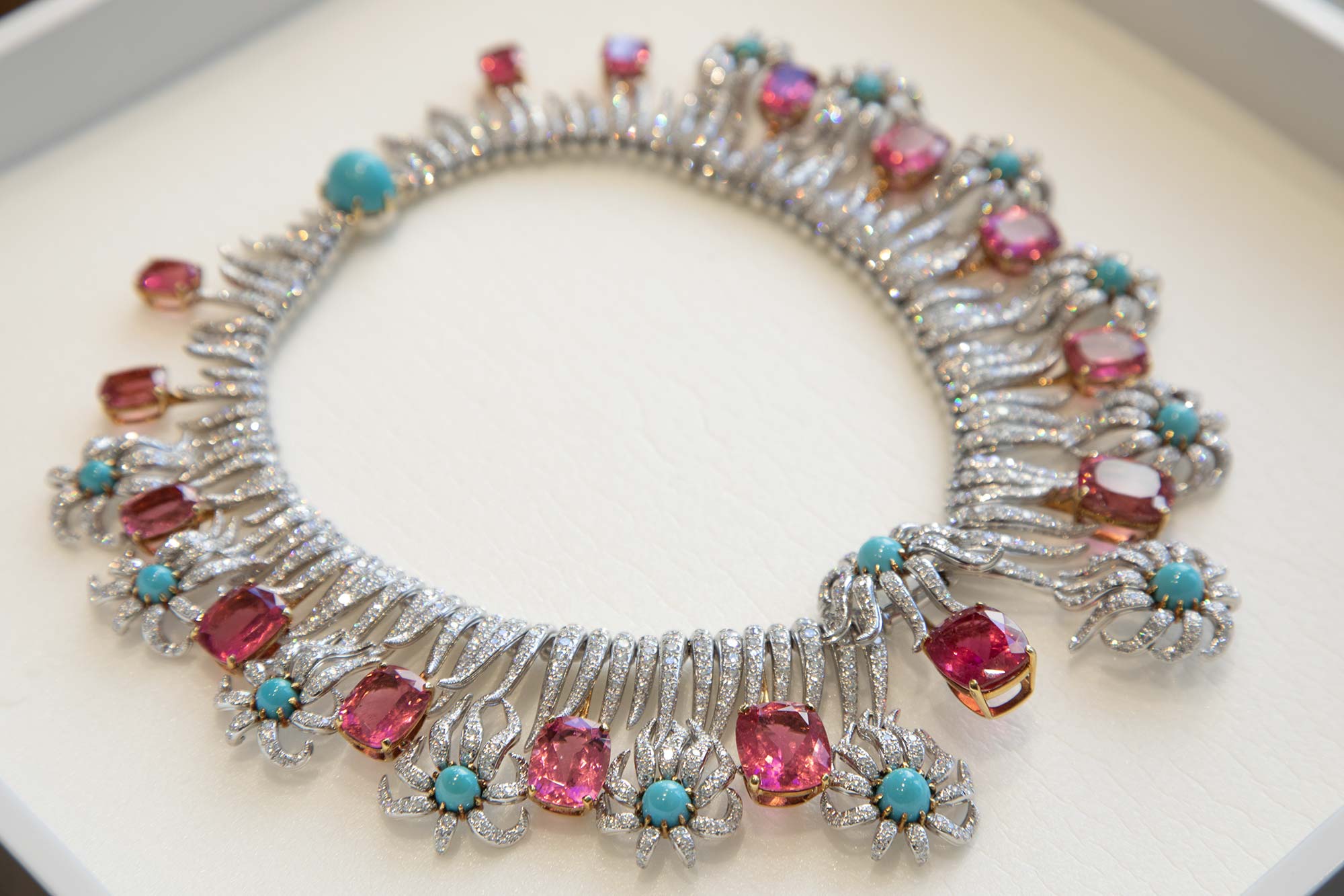 Jean Schlumberger custom necklace featuring pink gemstones, turquoise, and diamonds, photographed by Nick Hudson for RIOT & The Tiffany Archives