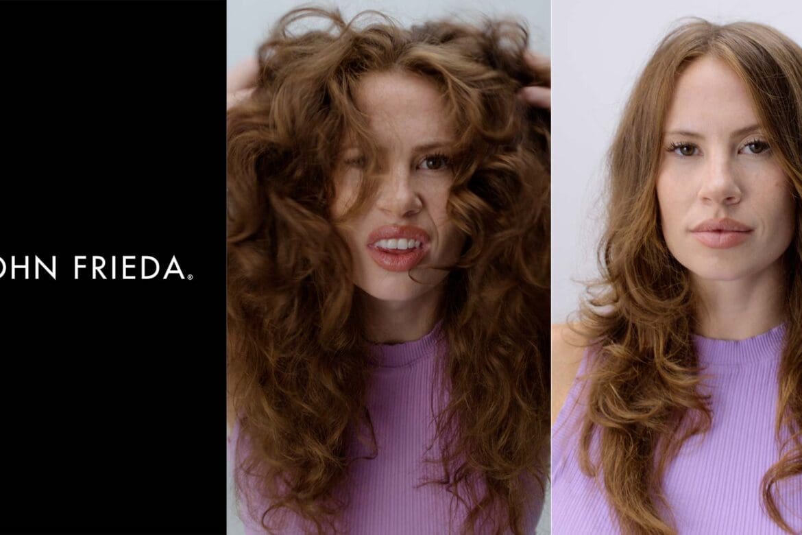Side-by-side image showing a frizzy-haired model on the left and smooth, styled hair on the right with the John Frieda logo.