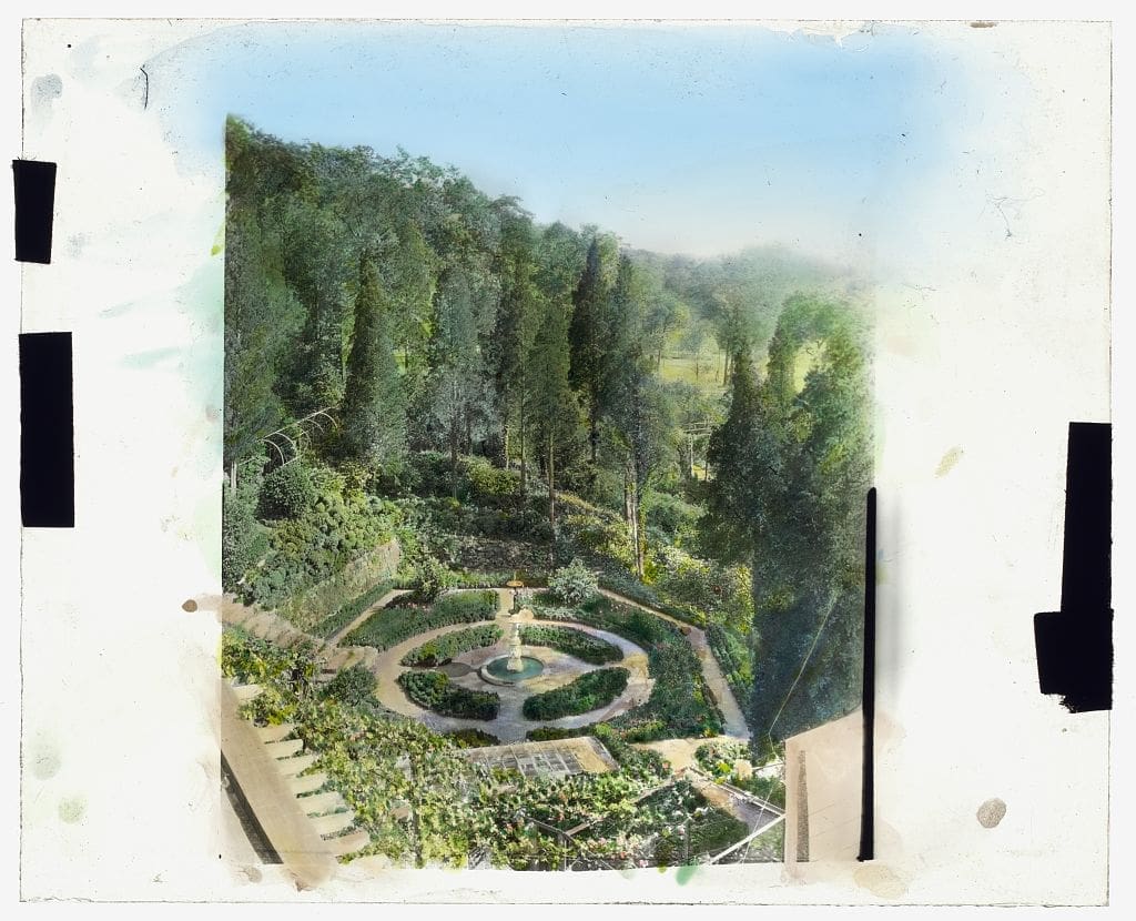 A hand-colored photograph of the terraced gardens at Laurelton Hall, Louis Comfort Tiffany’s Long Island estate. Image courtesy of the Library of Congress.