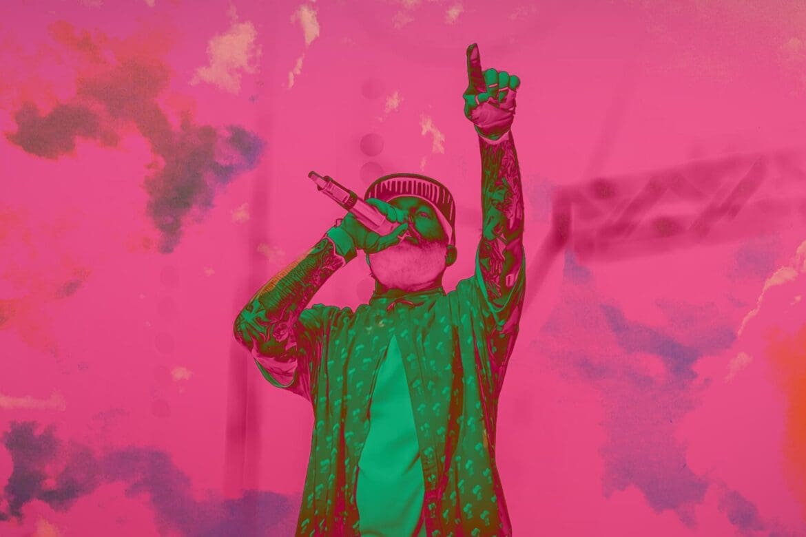 Colorized artistic image of Fred Durst of Limp Bizkit performing at Park Live Moscow 2013.