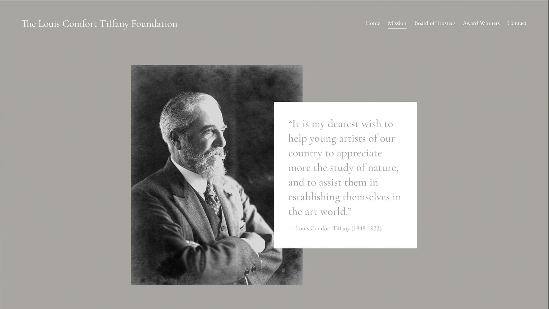 Screenshot of The Louis Comfort Tiffany Foundation website, featuring a portrait of Tiffany and his mission statement for supporting young artists.