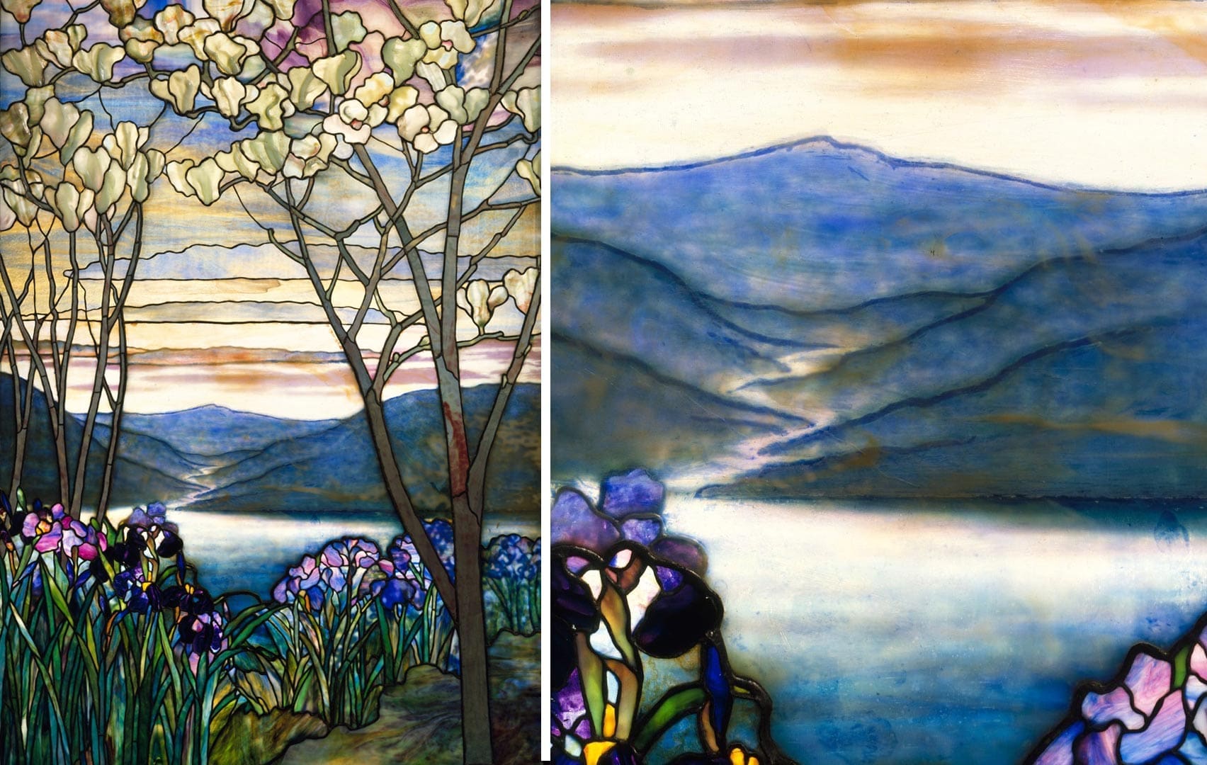 Side-by-side collage showing Tiffany Studios’ “Magnolias and Irises” stained glass window and a close-up detail of its opalescent landscape. Image via Wikimedia Commons.