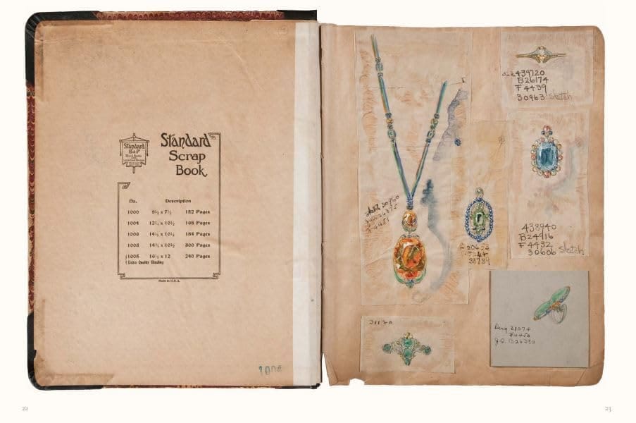 RIOT, NYC Creative Agency: Page from Meta Overbeck’s design book for Louis C. Tiffany art jewelry, showing sketches of pendants and rings. Photo courtesy of Hillwood Museum. Page from Meta Overbeck’s design book for Louis C. Tiffany art jewelry, showing sketches of pendants and rings. Photo courtesy of Hillwood Museum.