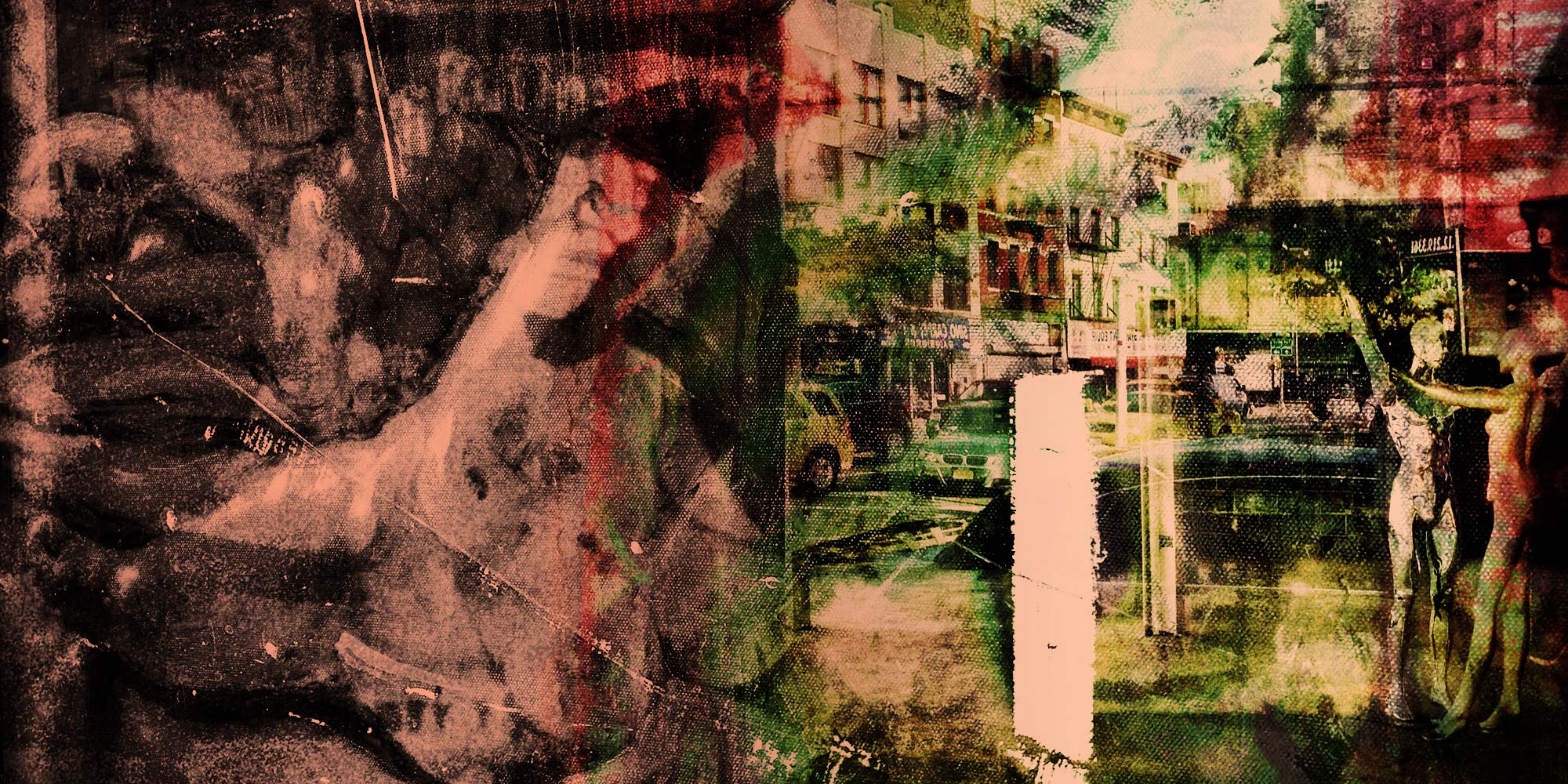 RIOT, NYC Creative Agency: Abstract artwork by MUG5 showing an overlay of urban decay and silhouettes in a warm, reddish hue. Abstract artwork by MUG5 showing an overlay of urban decay and silhouettes in a warm, reddish hue.