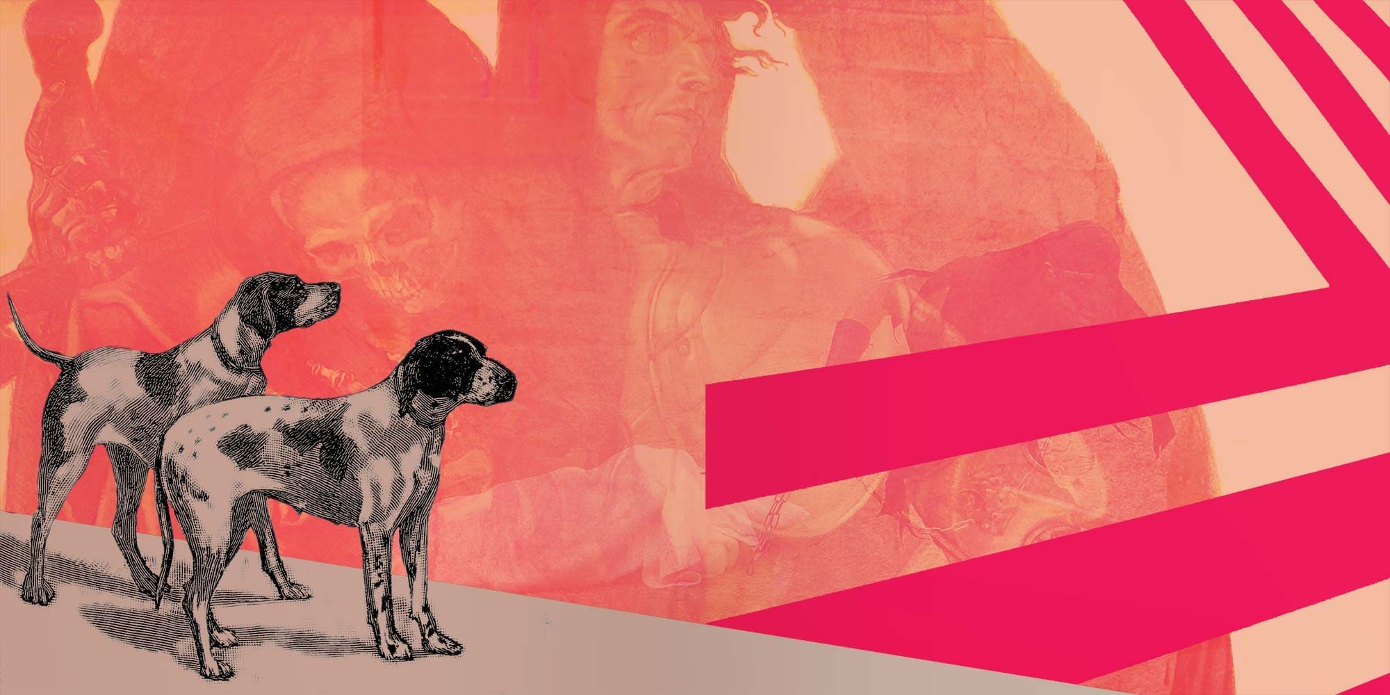 Abstract artwork by MUG5 showing two dogs against a vivid background with classic and graphic elements.