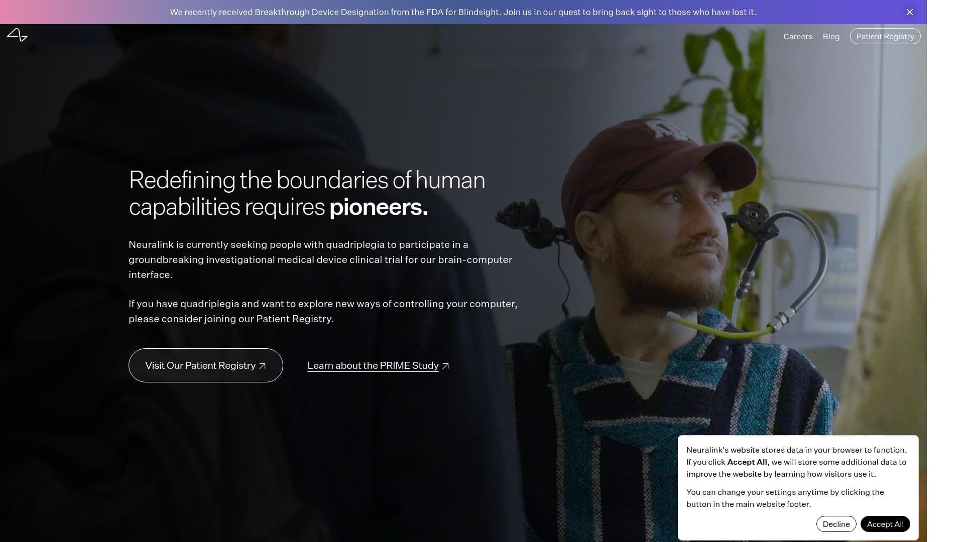 RIOT, NYC Creative Agency: Neuralink homepage featuring a clinical trial participant with a brain-computer interface device, promoting groundbreaking medical research. Neuralink homepage featuring a clinical trial participant with a brain-computer interface device, promoting groundbreaking medical research.