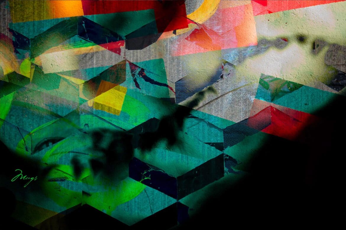 Abstract digital artwork titled “Parade Circus” by MUG5, featuring layered geometric shapes, vivid colors, and textured brushstrokes inspired by the Massive Attack song.