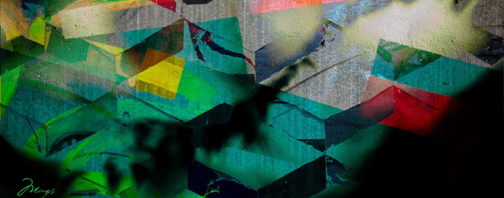 Abstract digital artwork titled “Parade Circus” by MUG5, featuring layered geometric shapes, vivid colors, and textured brushstrokes inspired by the Massive Attack song.