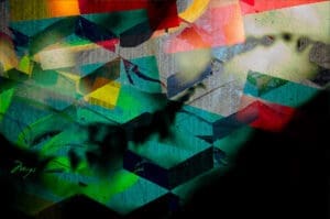 Abstract digital artwork titled “Parade Circus” by MUG5, featuring layered geometric shapes, vivid colors, and textured brushstrokes inspired by the Massive Attack song.