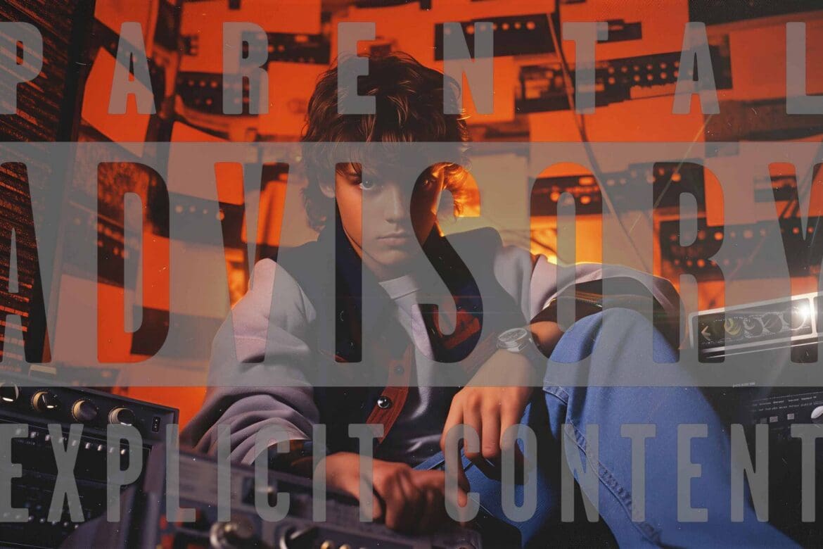 Teenager in a retro 1980s bedroom surrounded by audio gear, with a Parental Advisory Explicit Content overlay