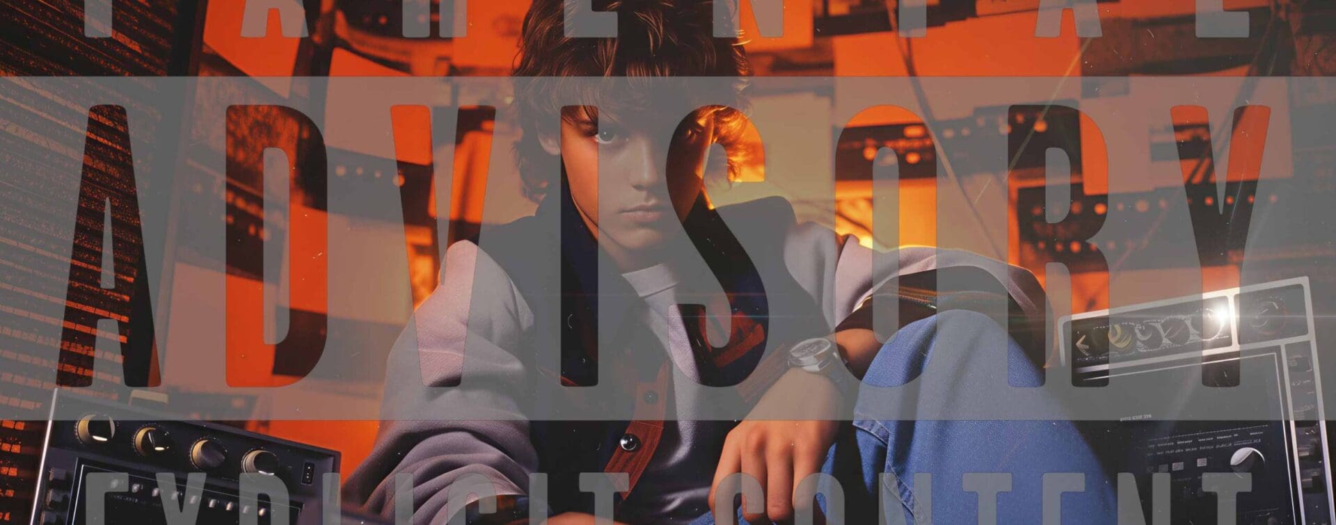 1980s Teenager with Parental Advisory Vibe Teenager in a retro 1980s bedroom surrounded by audio gear, with a Parental Advisory Explicit Content overlay