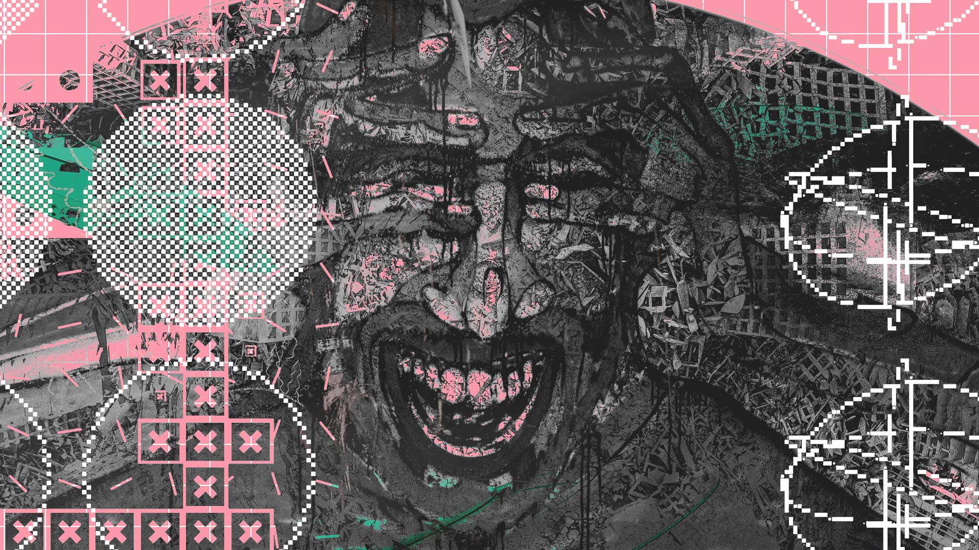 RIOT, NYC Creative Agency: A bold, abstract piece of digital art by MUG5, featuring distorted faces and geometric patterns. A bold, abstract piece of digital art by MUG5, featuring distorted faces and geometric patterns.