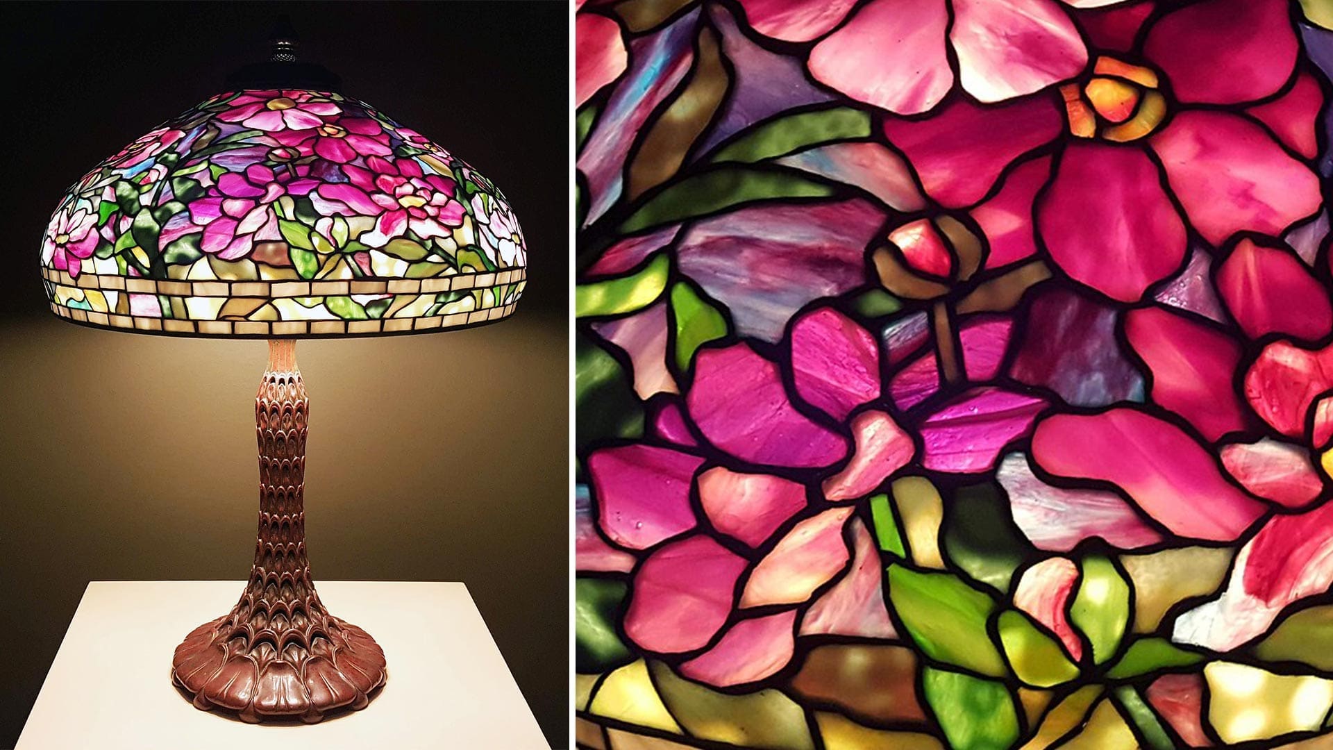 RIOT, NYC Creative Agency: Close-up detail of the Tiffany Studios Peony table lamp, showing vibrant pink blossoms in stained glass. Image via Wikimedia Commons. Close-up detail of the Tiffany Studios Peony table lamp, showing vibrant pink blossoms in stained glass. Image via Wikimedia Commons.