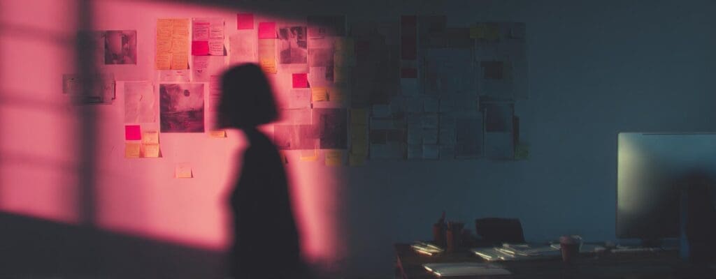 Silhouetted designer walking past a creative strategy wall covered in notes and inspiration