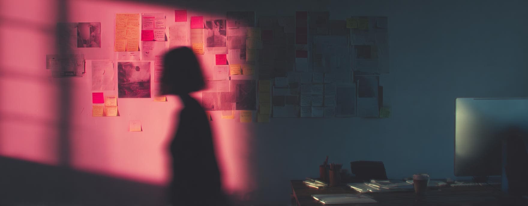 RIOT, NYC Creative Agency: Silhouetted designer walking past a creative strategy wall covered in notes and inspiration Silhouetted designer walking past a creative strategy wall covered in notes and inspiration