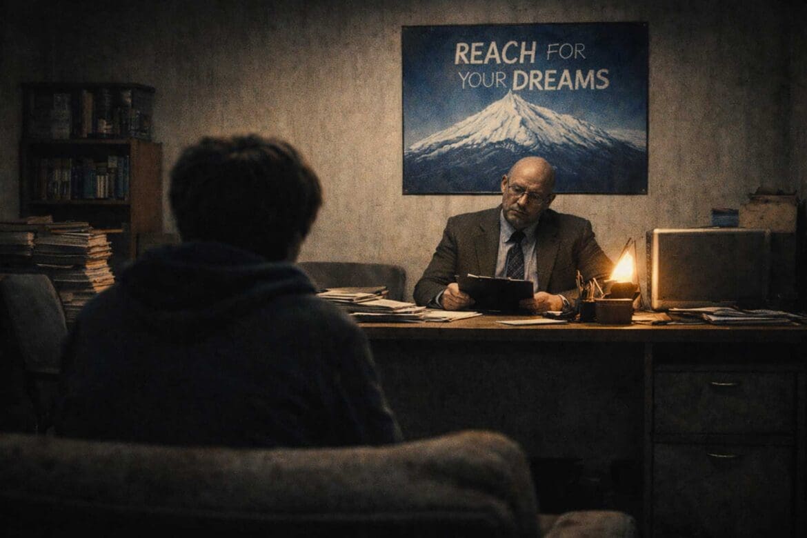 Teen sitting on a couch in a 1990s career counseling office facing a grumpy counselor under a “Reach for Your Dreams” poster