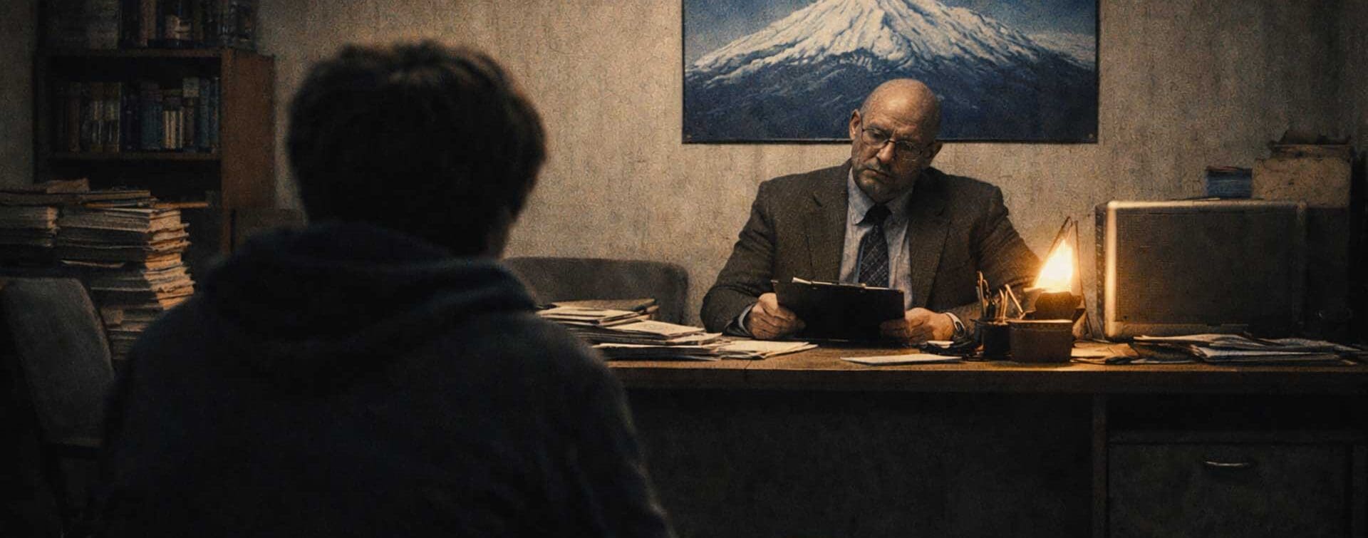 Teen sitting on a couch in a 1990s career counseling office facing a grumpy counselor under a “Reach for Your Dreams” poster