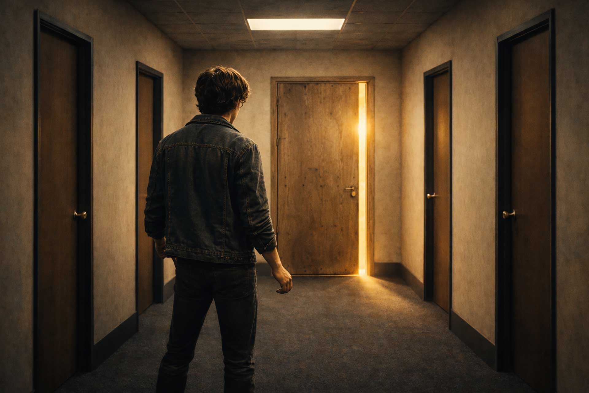 Teen standing in a corporate hallway facing an unfinished wooden door glowing with light