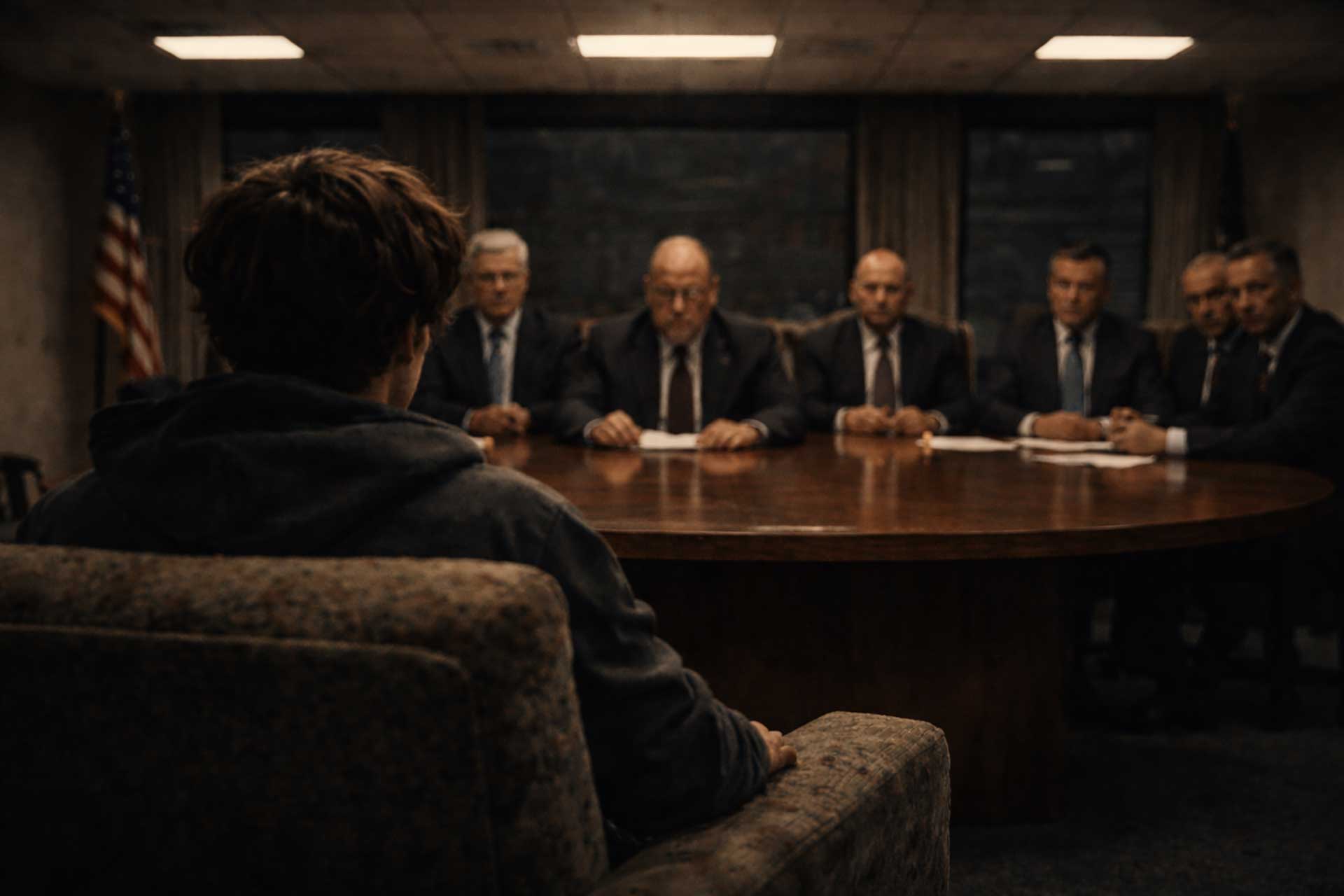 Young creative sitting across from corporate executives in a tense boardroom meeting