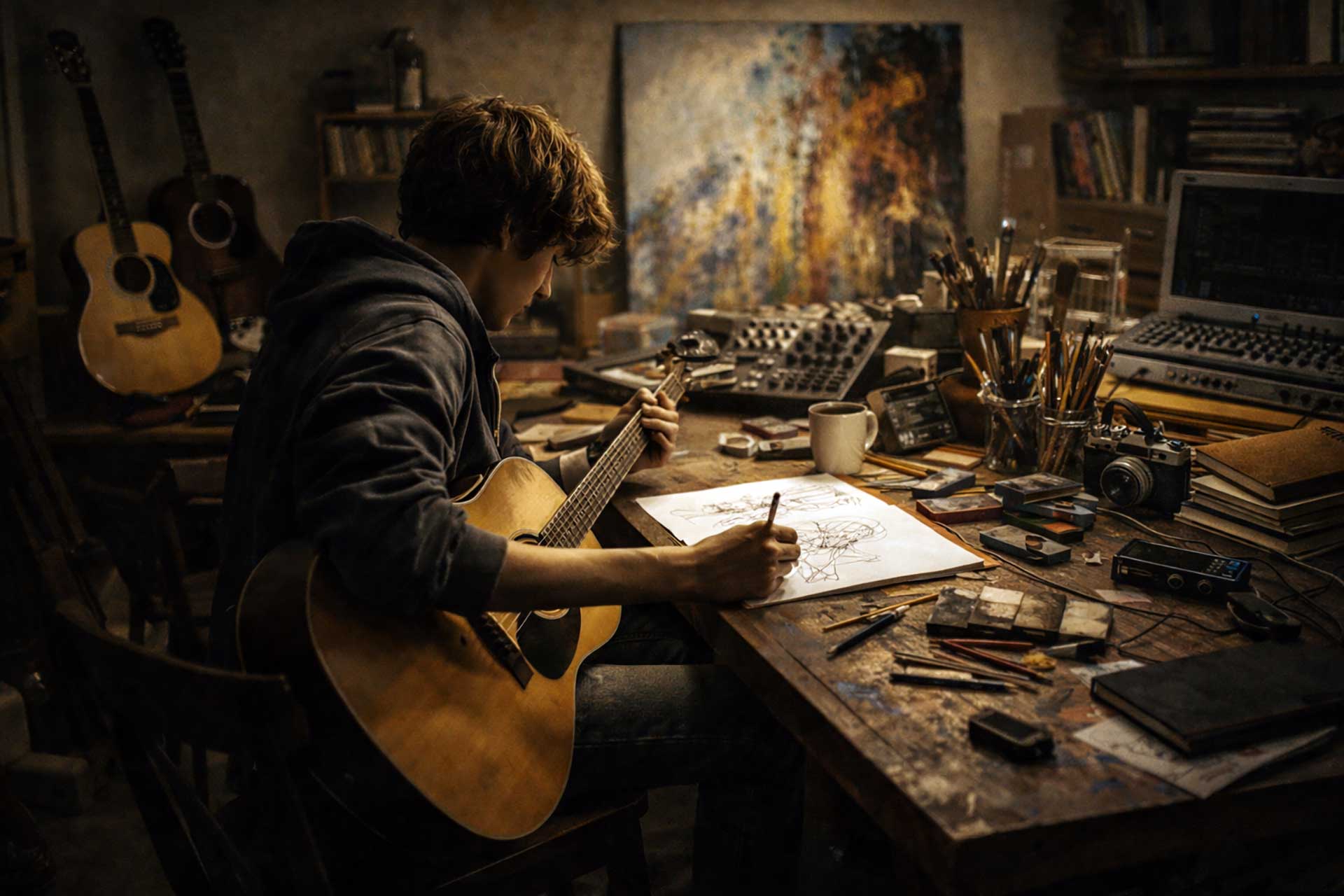 RIOT, NYC Creative Agency: Young creative working with guitar, sketchbook, and production equipment in a studio workspace Young creative working with guitar, sketchbook, and production equipment in a studio workspace