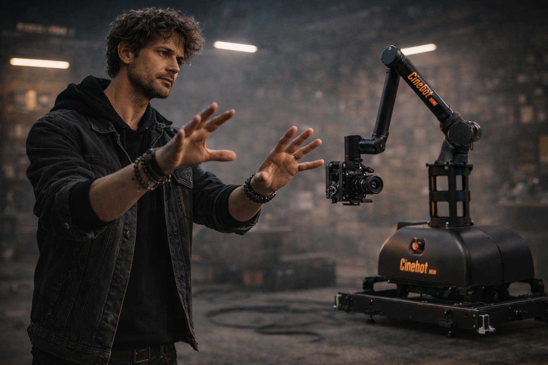 Creative director in his 40s directing a Cinebot robotic camera rig in a cinematic studio