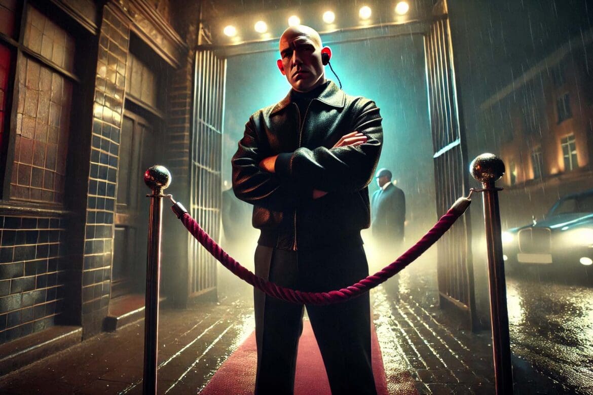 A cinematic image of a British nightclub bouncer in front of a velvet rope, set in a gritty urban environment with rain-slicked streets and neon lights.