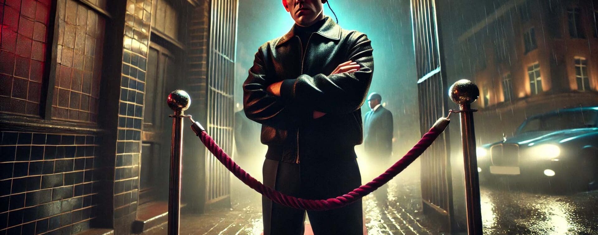 RIOT x GetContact: The Bouncer Campaign Concept A cinematic image of a British nightclub bouncer in front of a velvet rope, set in a gritty urban environment with rain-slicked streets and neon lights.