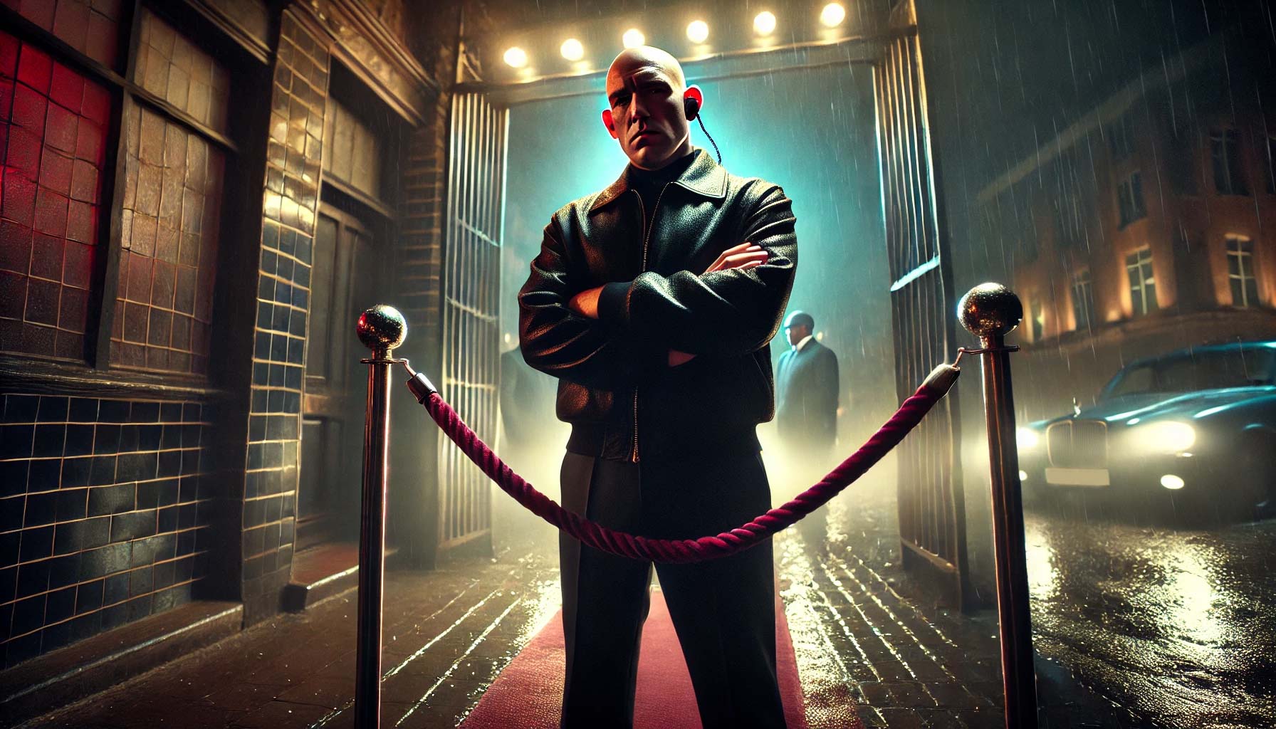 RIOT, NYC Creative Agency: A cinematic image of a British nightclub bouncer in front of a velvet rope, set in a gritty urban environment with rain-slicked streets and neon lights. A cinematic image of a British nightclub bouncer in front of a velvet rope, set in a gritty urban environment with rain-slicked streets and neon lights.